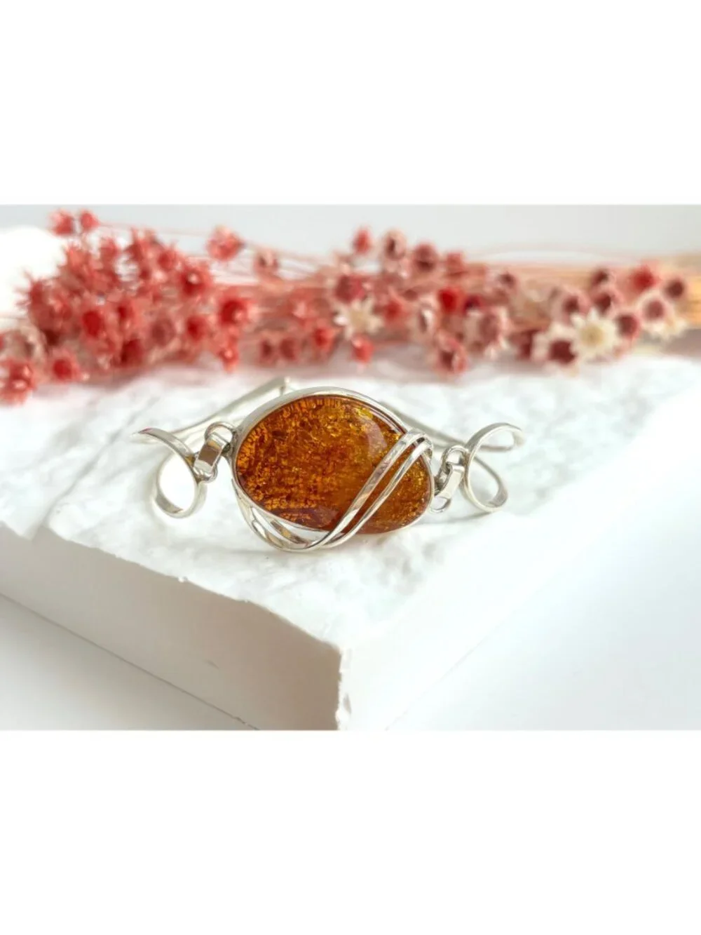 Baltic Amber Modernist Swirly Vintage Sterling Silver 925 Bangle Bracelet